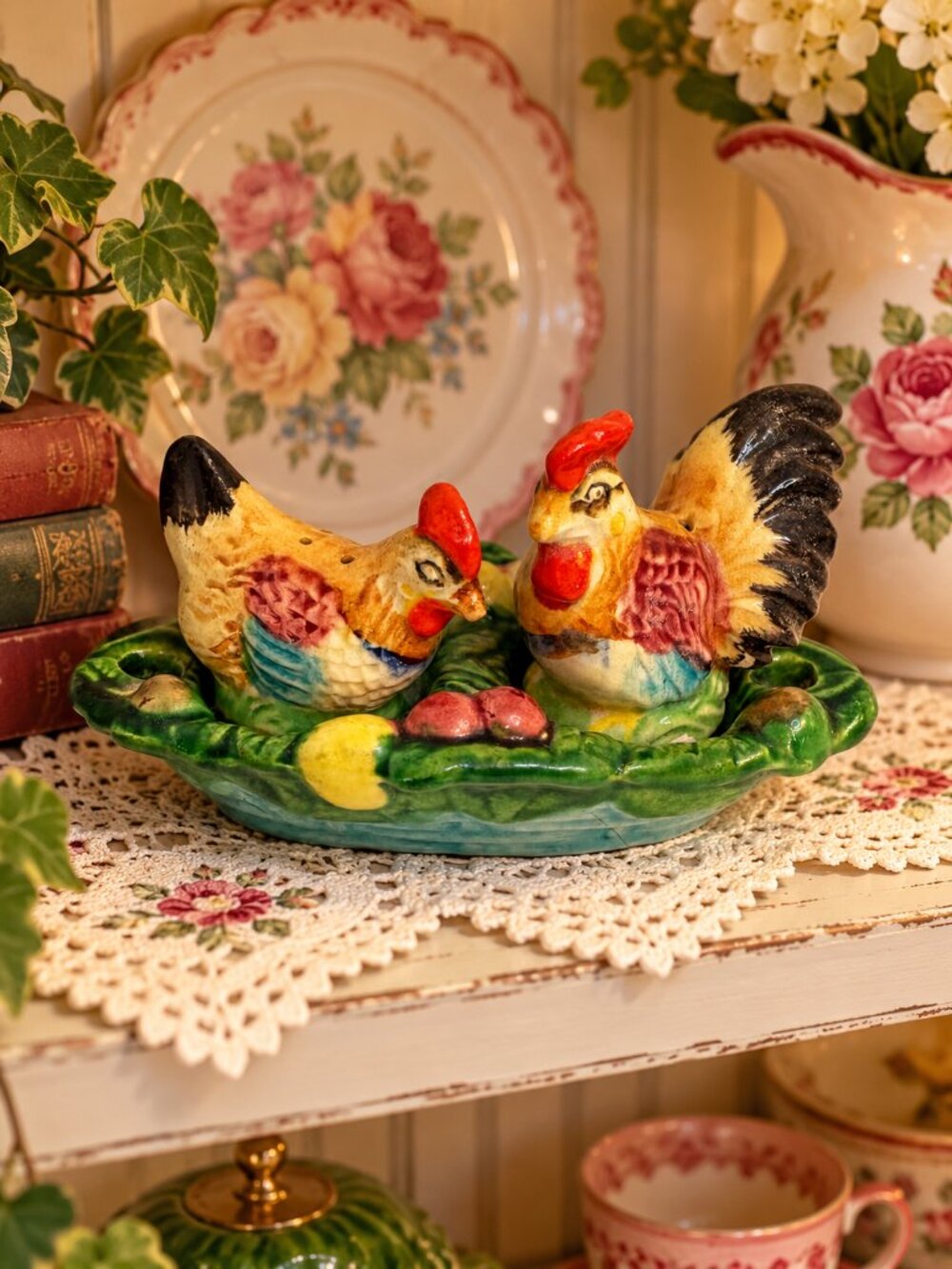 Vintage Japan Rooster & Hen Salt Pepper Shakers with Nest Dish – 3 Piece Set